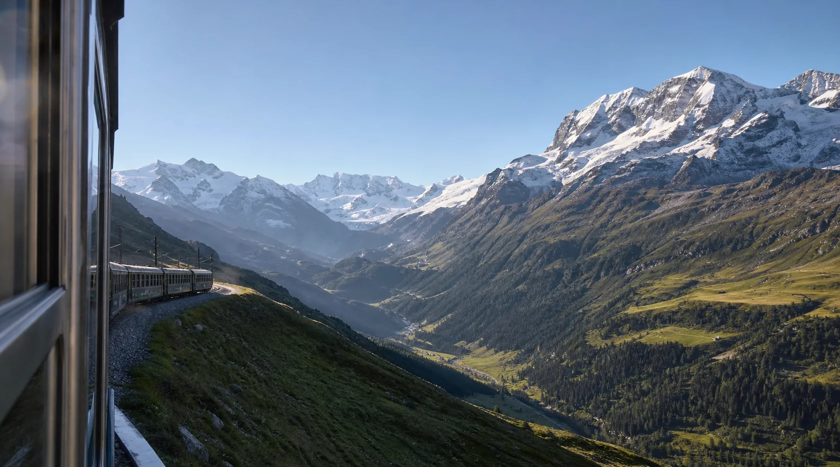 A Swiss mountain railway curving above a green Alpine valley