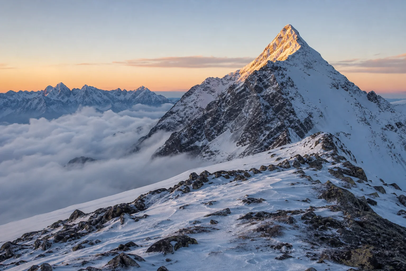 A snow-covered Alpine summit above a cloud inversion at sunrise