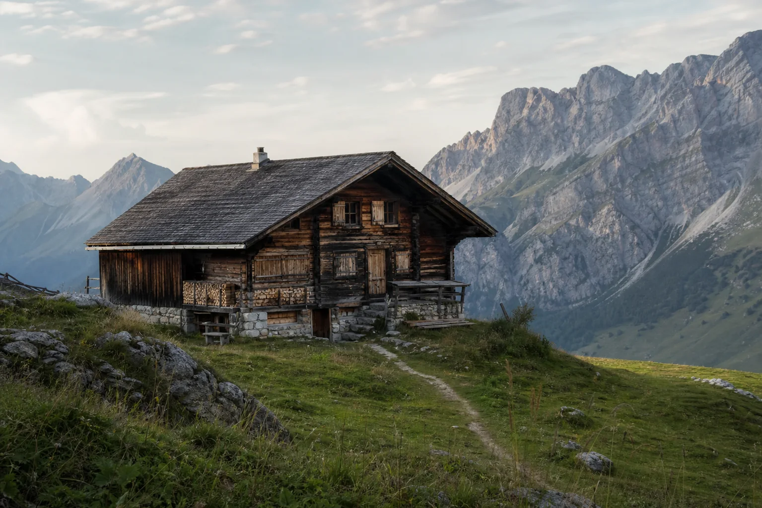 A weathered timber mountain hut beneath a rocky Alpine ridge